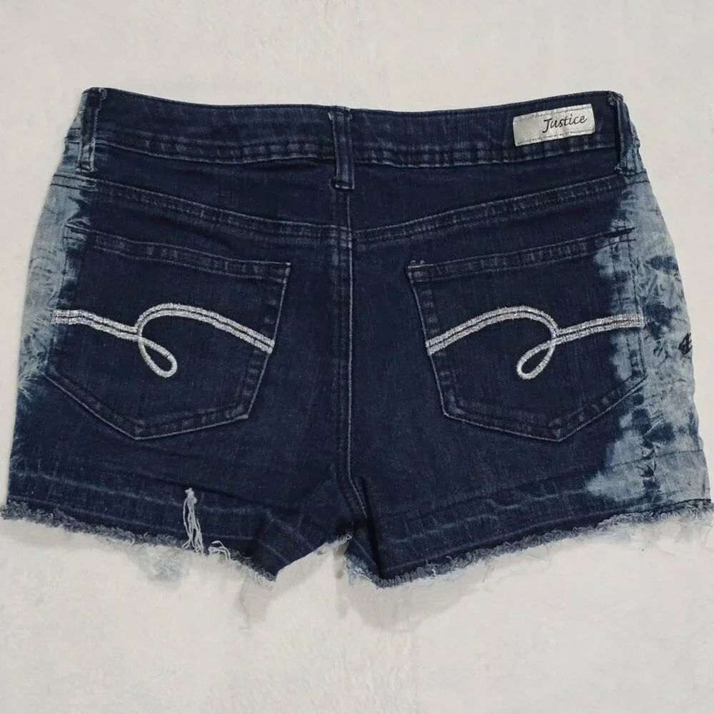 Justice Girls Blue Acid Wash Distressed Raw Hem Embroidered Denim Shorts EUC 14
